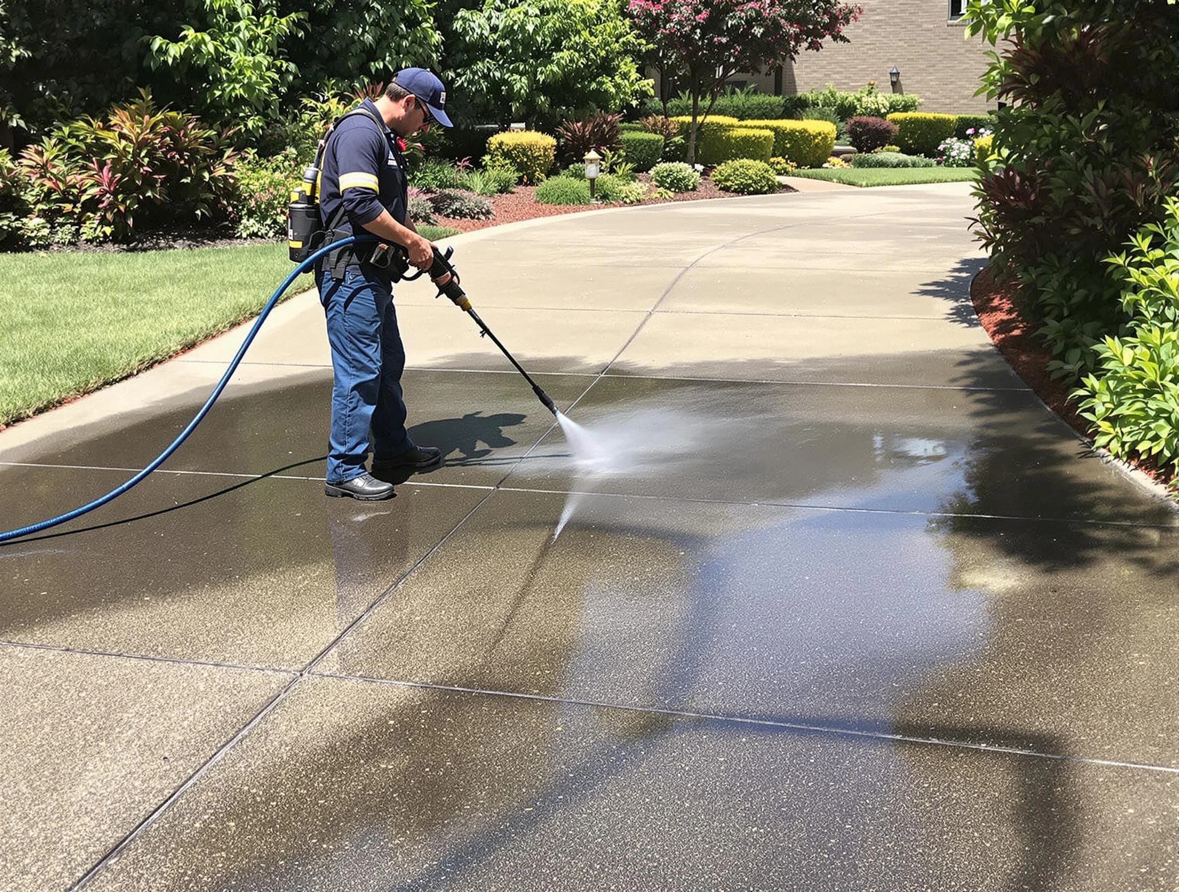 Experienced Willowick Power Washing team member pressure washing a driveway in Willowick